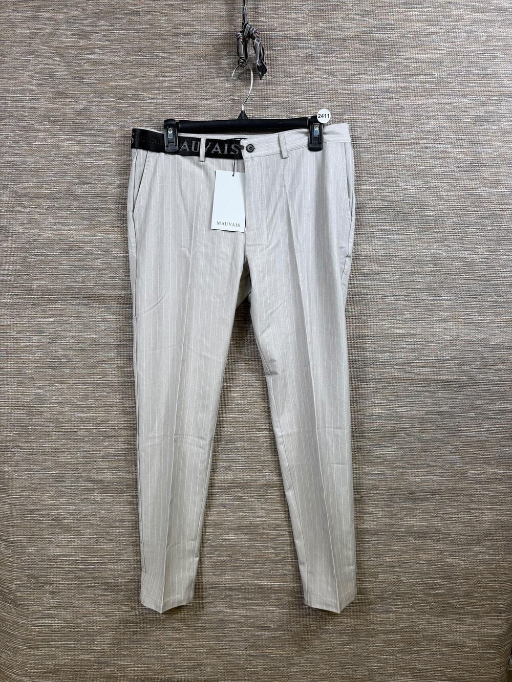 MAUVAIS Pants Mens 32x30 Gray Pinstripe Slim Tapered Signature Studio Half Belt